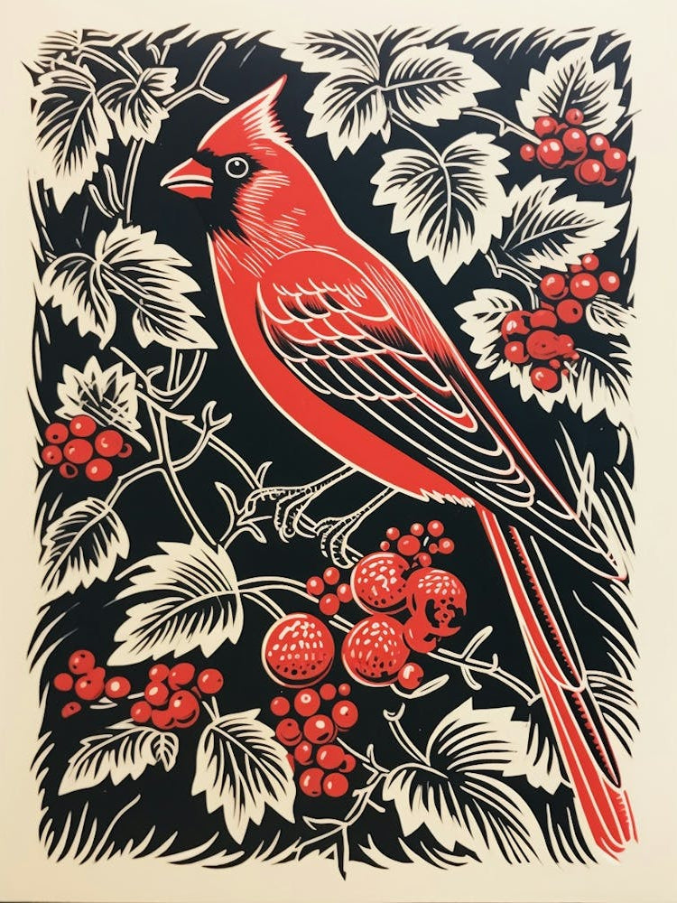 Vintage Bird Linocut Cardinal 1
