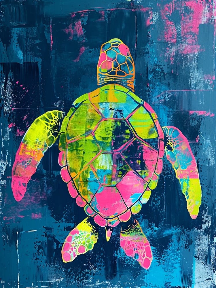 Pink & Green Sea Turtle On Blue Background