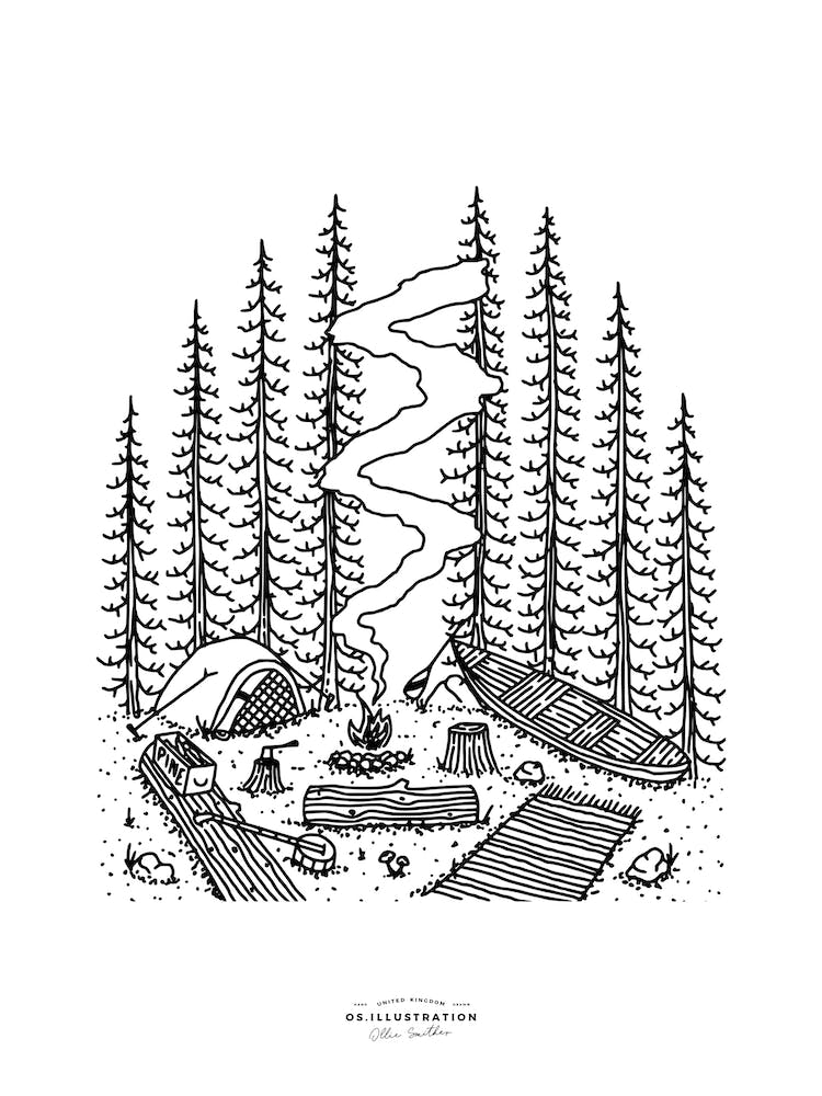Canoe Camp Fineline Illustration