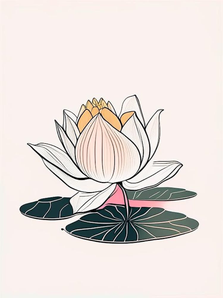 Blooming Lotus Flower In Pond Minimal Line Drawing 3