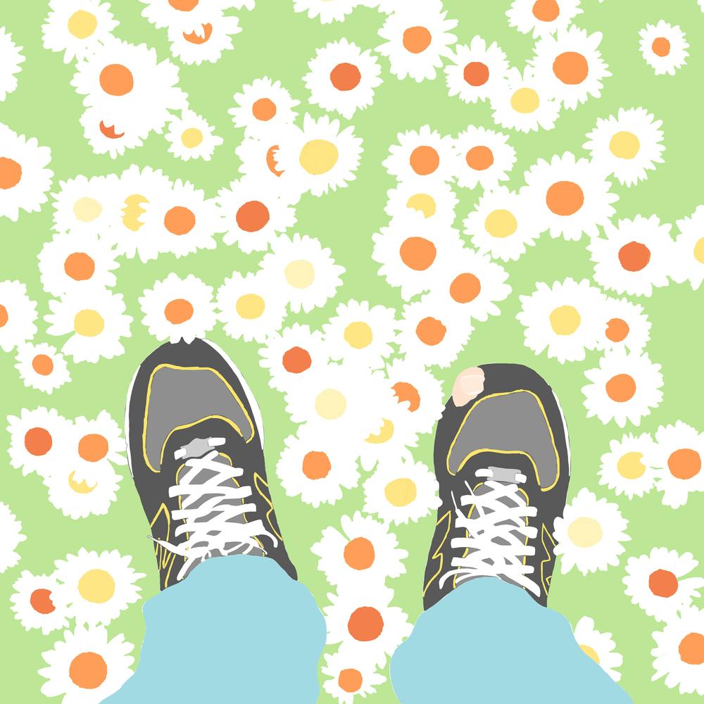 Feet on the ground, flowers, trainers, illustration, wall art
