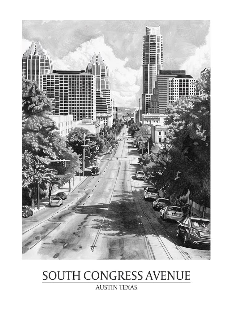 South Congress Avenue Austin Texas Black And White Drawing 3 Poster