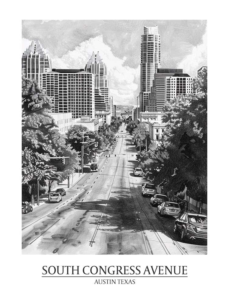 South Congress Avenue Austin Texas Black And White Drawing 3 Poster