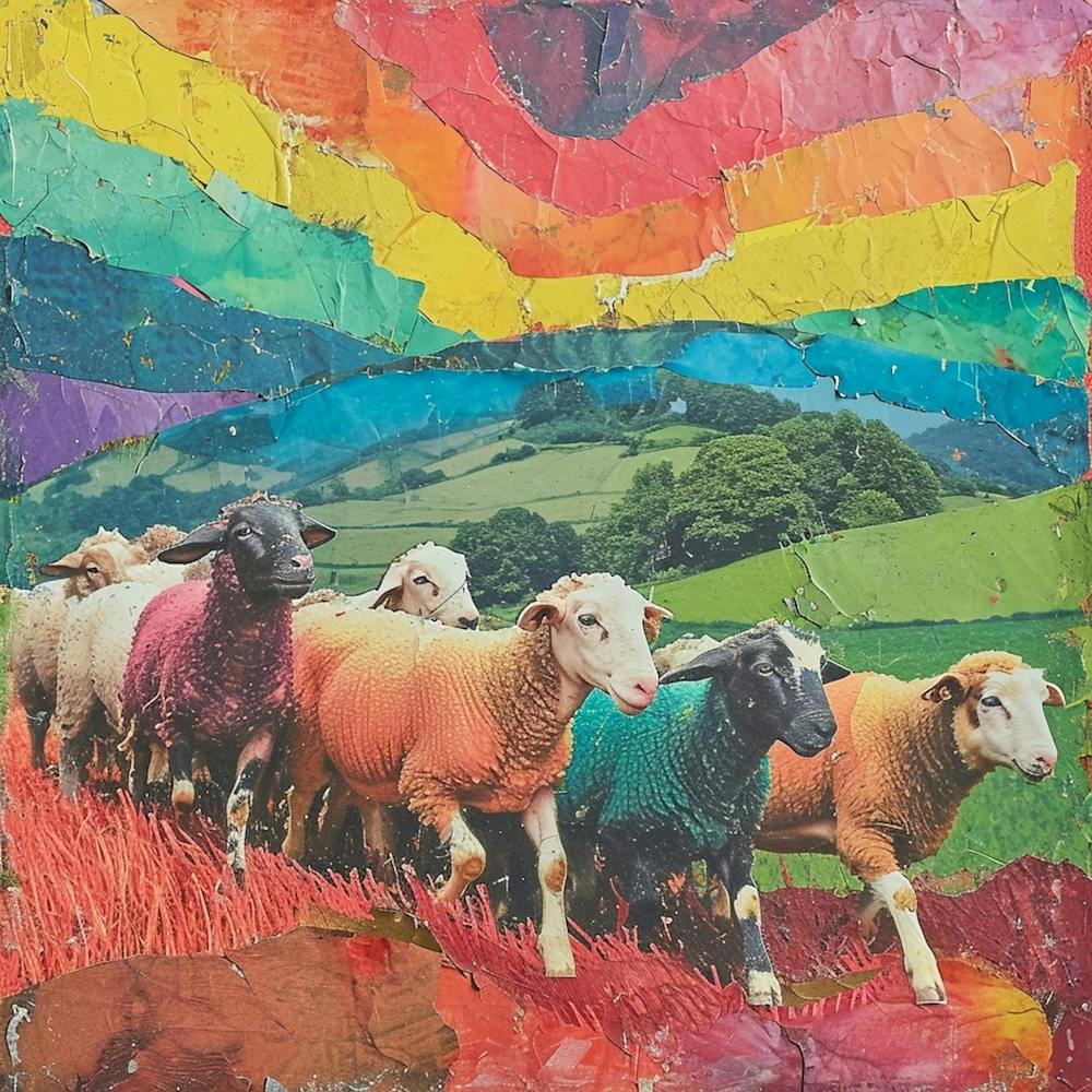 Rainbow Sheep Retro Collage 1