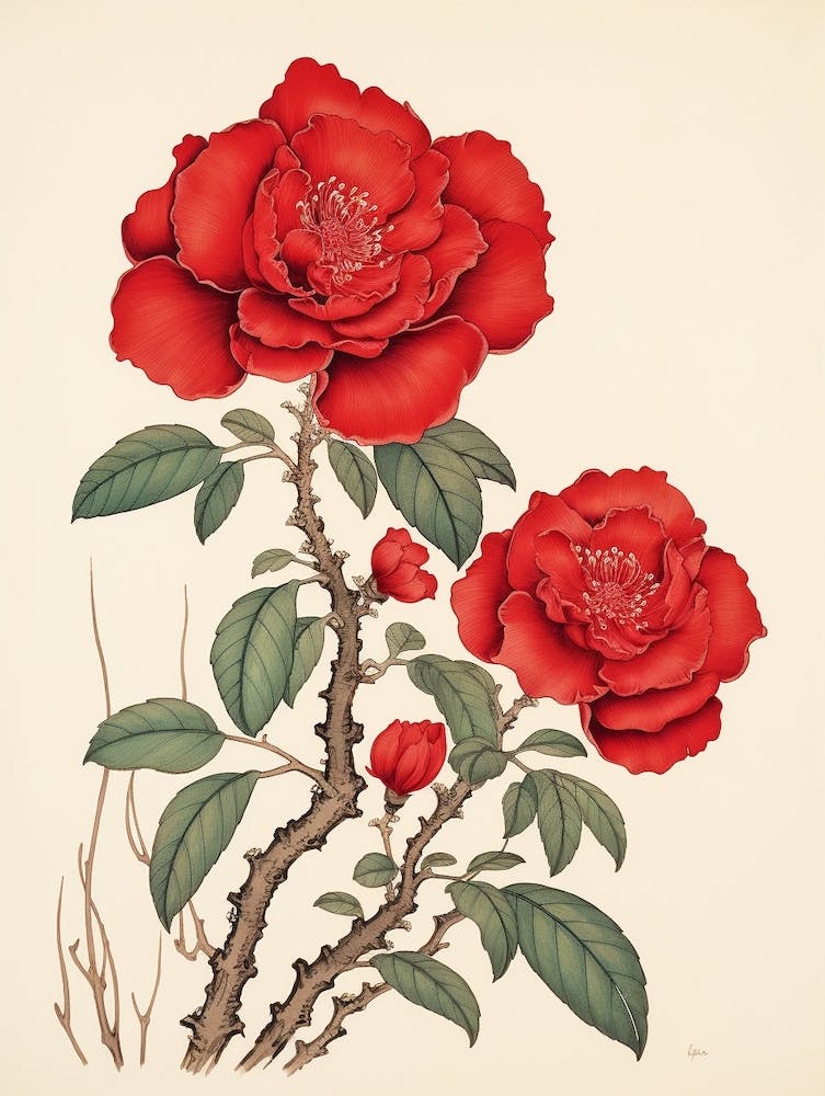 Higanatsu Red Camellia1 Vintage Japanese Botanical