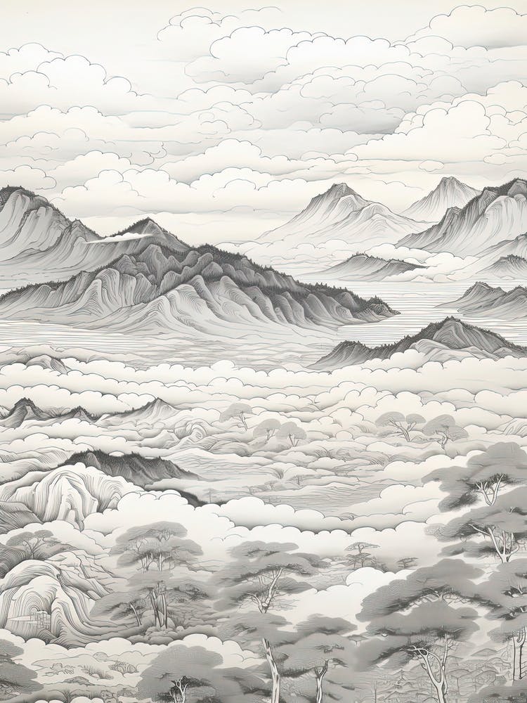 Aso Caldera In Kumamoto, Ukiyo E Black And White Line Art Drawing 2