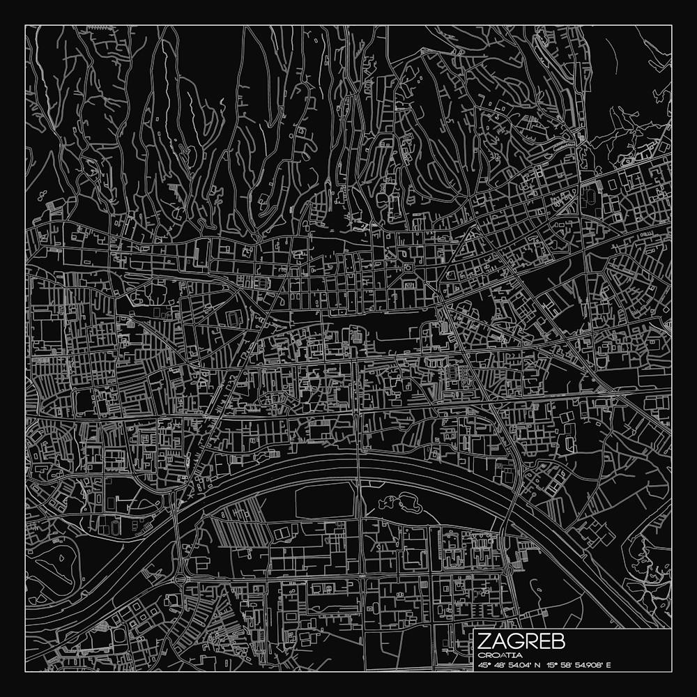 Zagreb, Croatia, City Map White On Black Blueprint Design