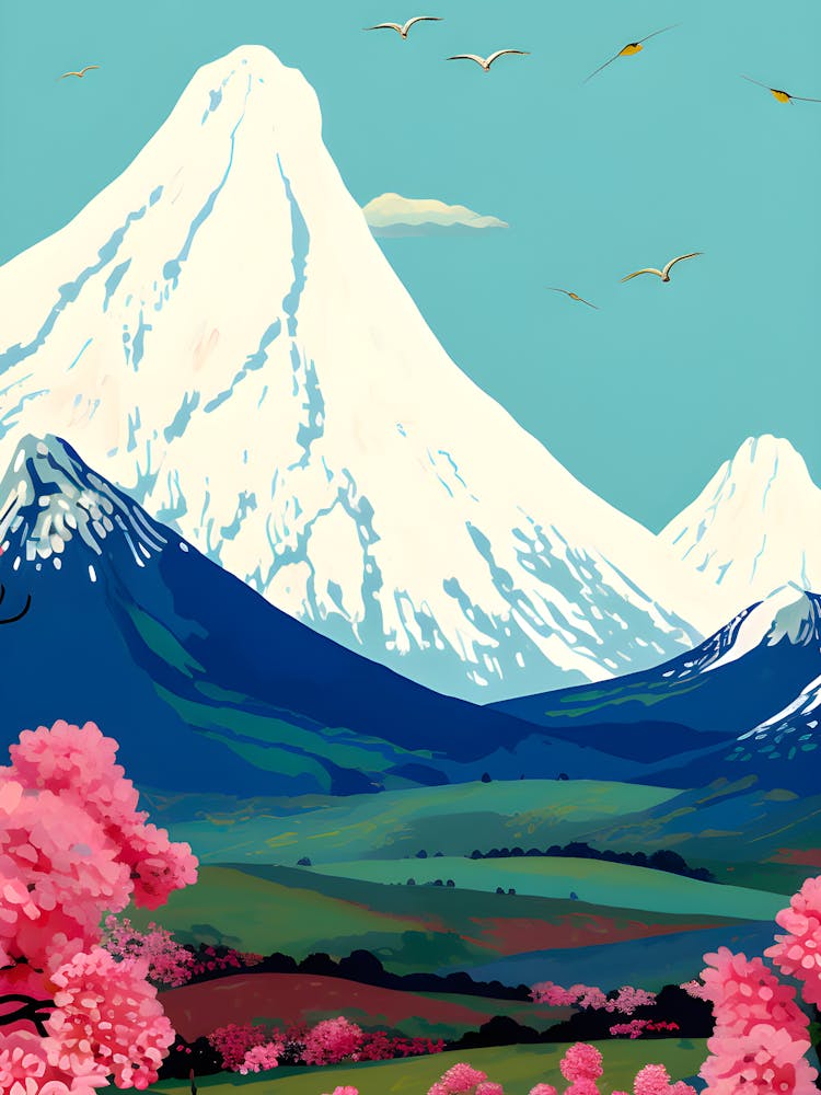 Serene Mountain Landscape Snowy Peak With Cherry Blossoms Tranquil Nature