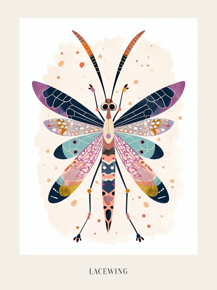 Bunte Insektenillustration Florfliege 4 Poster