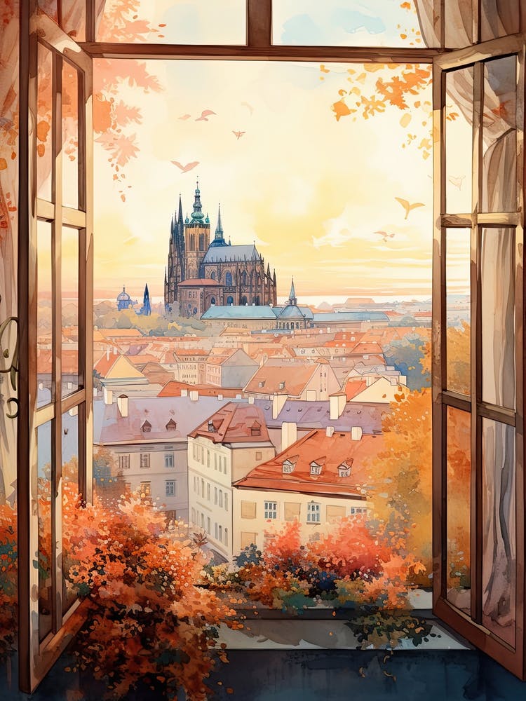 Window View Of Prague Czech Republic In Autumn Fall, Watercolour 2