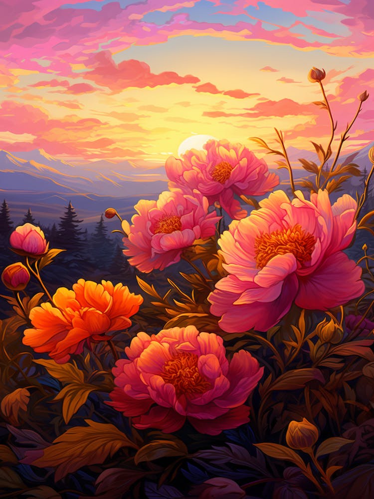 Peony With Sunset In Watercolors 4