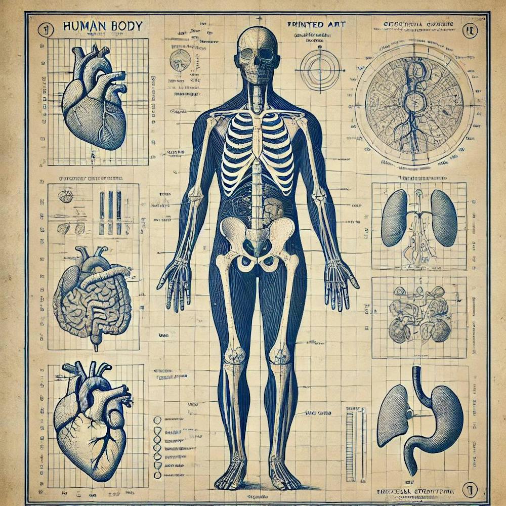 Anatomical Blueprint Printed Art A Vintage Inspired Blueprint Of The Human Body, Perfect For Adding A Professional And Educational Touch To Any Medical Space Printed Art