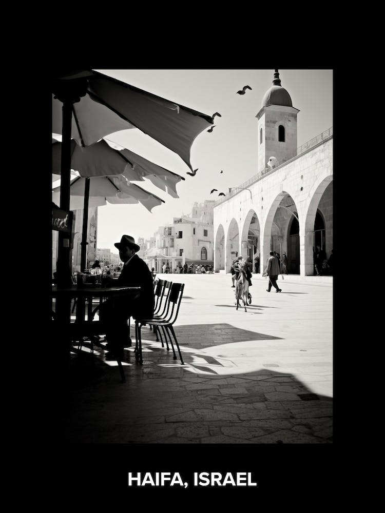 Poster Of Haifa, Israel, Mediterranean Black And White Photography Analogue 2