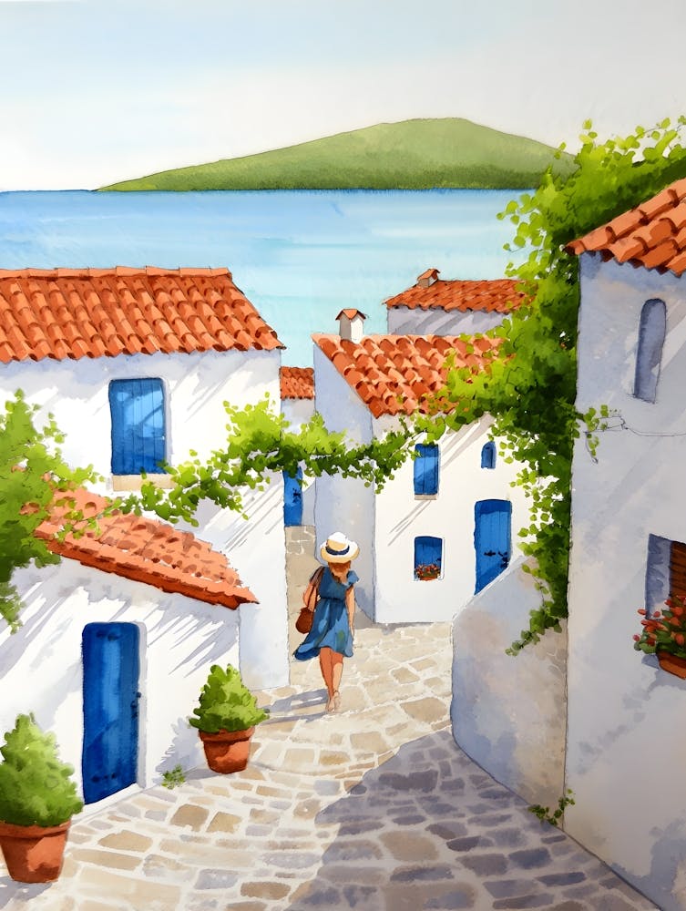 Sunny Mediterranean Village Pathway - Coastal Scene Painting