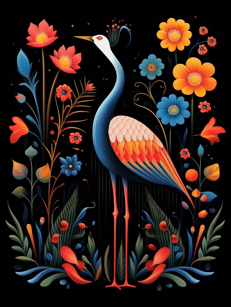 Folk Bird Illustration Crane 3
