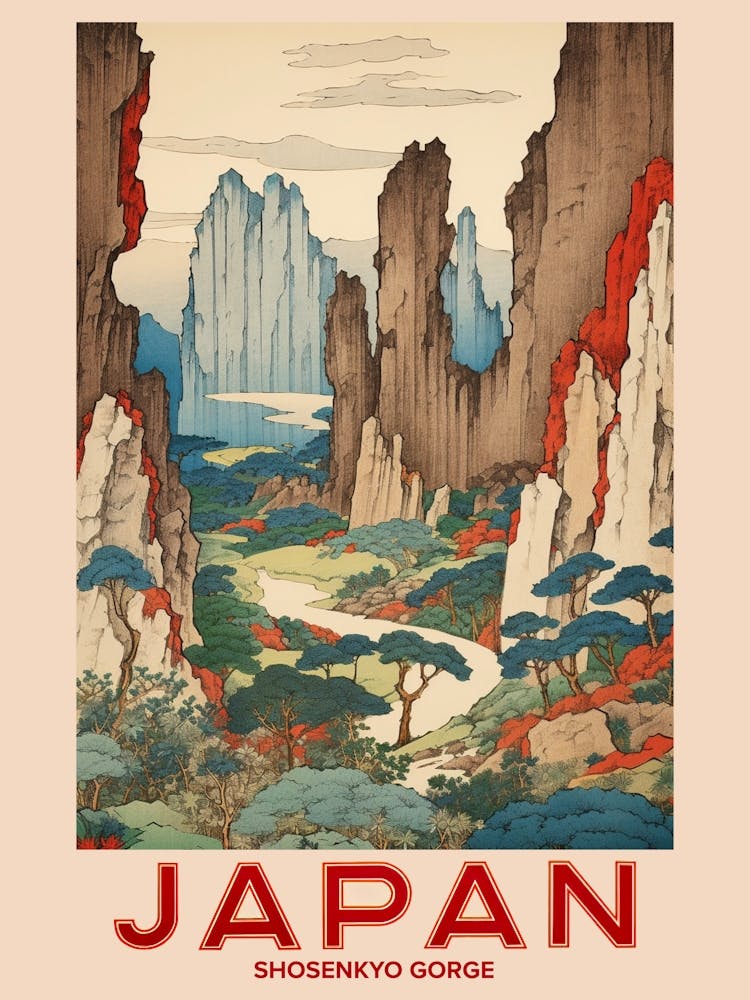 Shosenkyo Gorge, Visit Japan Vintage Travel Art 2
