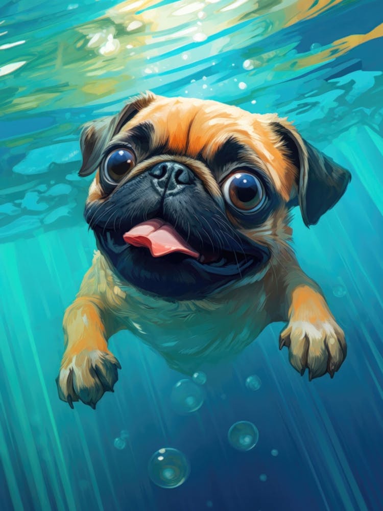 Cute Baby Pug Dog in the Water