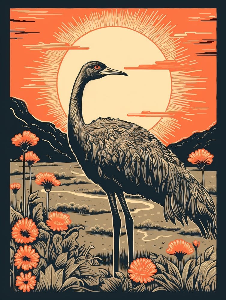 Vintage Bird Linocut Ostrich 3