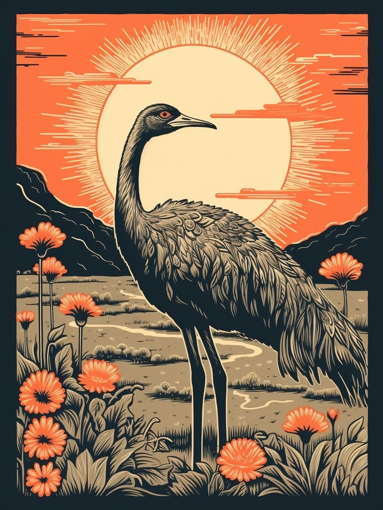 Vintage Bird Linocut Ostrich 3