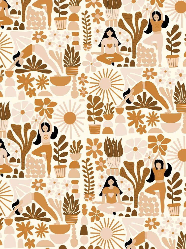 Women Doing Yoga Poses and Mindful Meditation Beige Tone