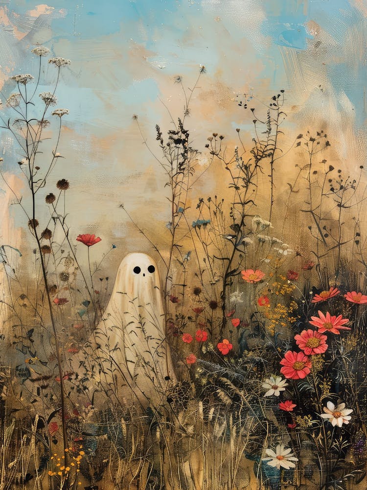 Colorful Halloween Ghost Painting With Flowers