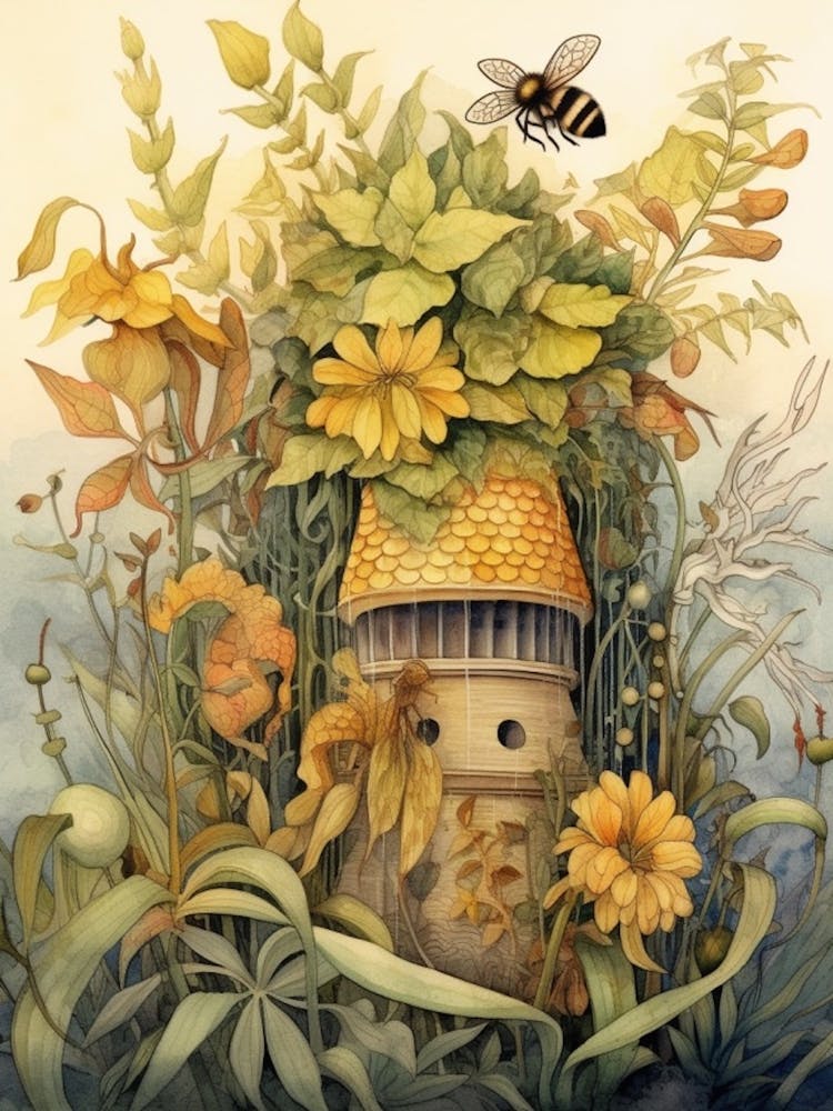 Flowering Plants Bee Beehive Watercolour Illustration 4