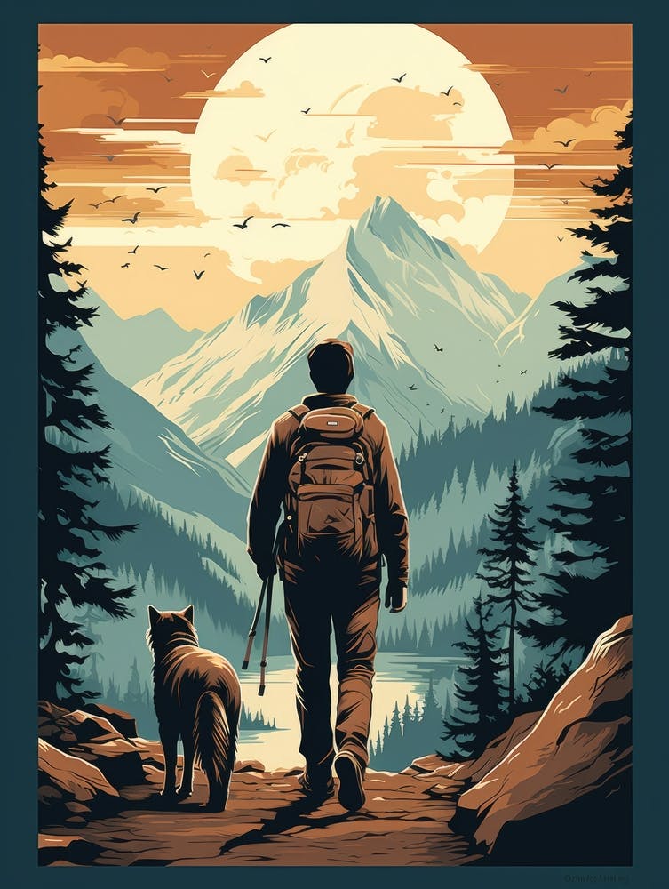 Man And Dog Hiking In The Mountains