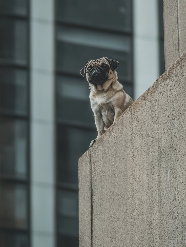 Pug Dog On A Ledge. Generated AI.