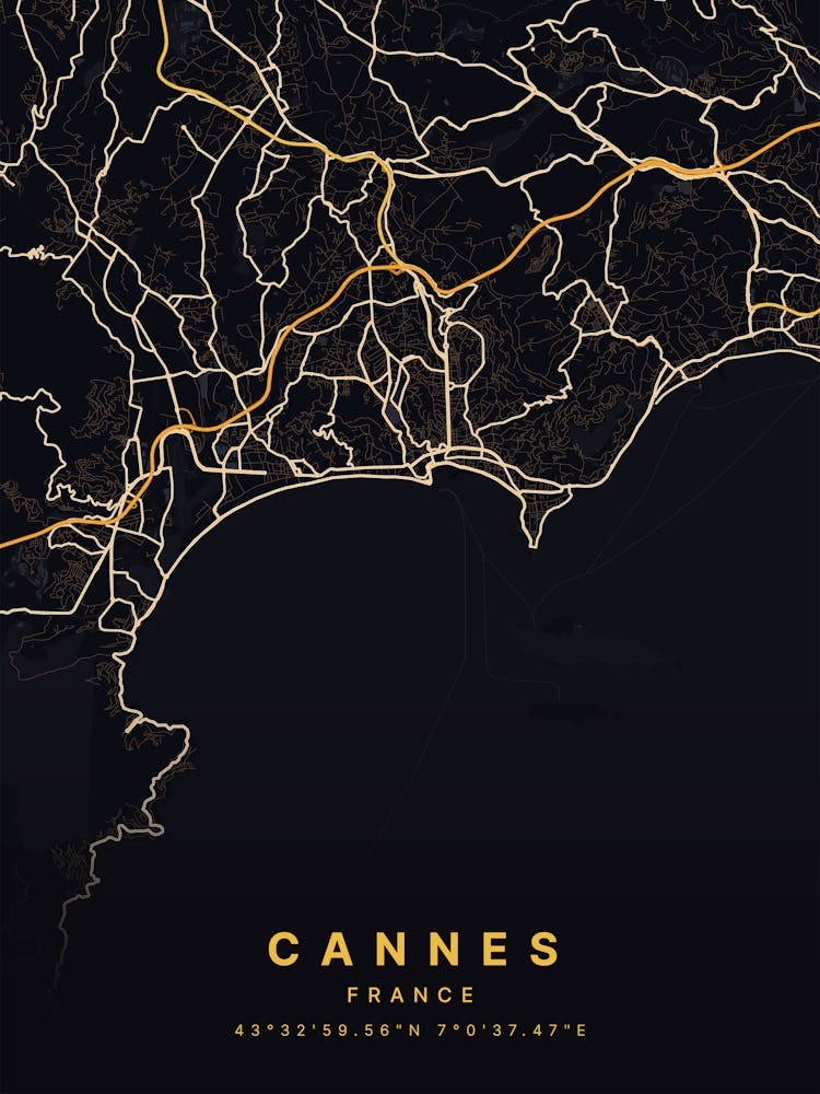 Cannes Alpes France Black And Gold Map