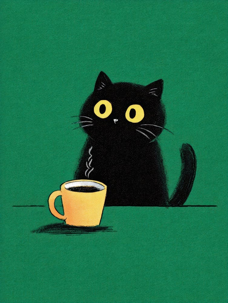 Black Cat With Cup Of Coffee 4