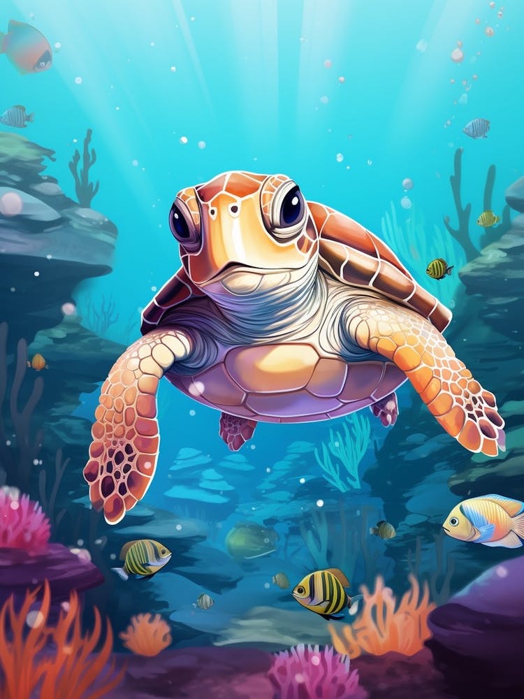 Curious Hawksbill Turtle With Fish