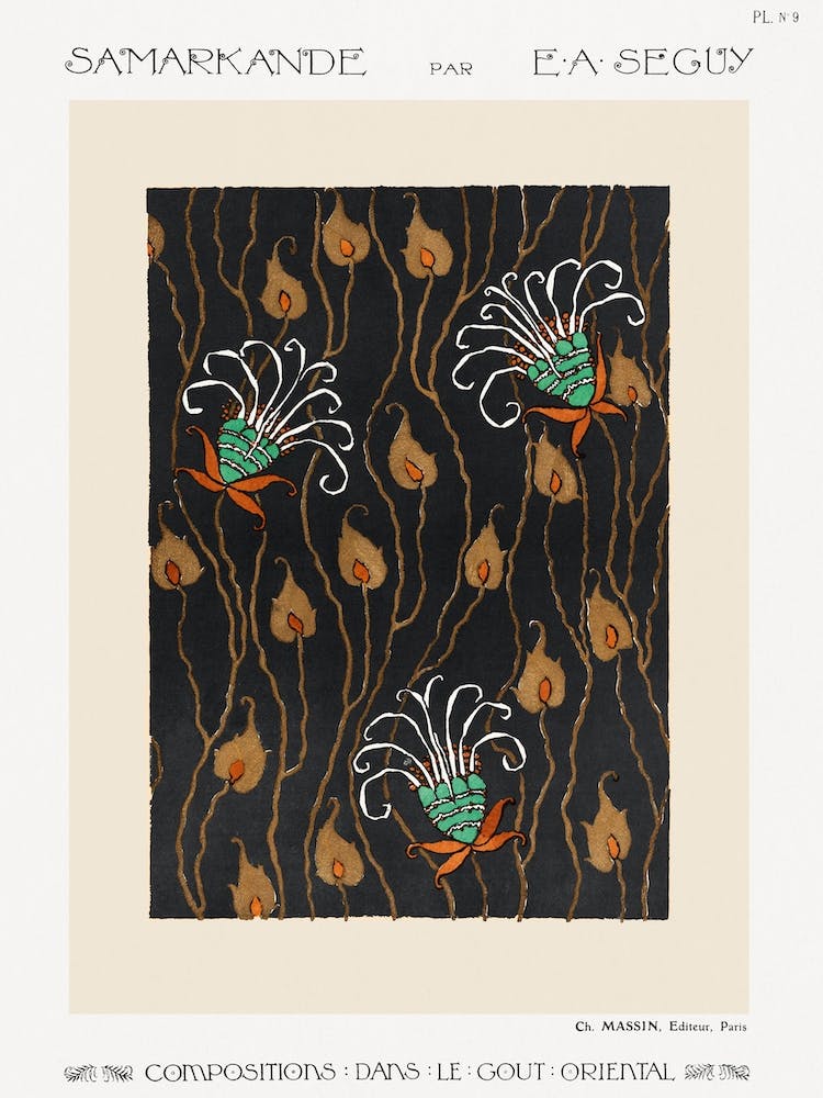 Art Deco Flower Pattern Pochoir Print In Oriental Style, Eugène Séguy