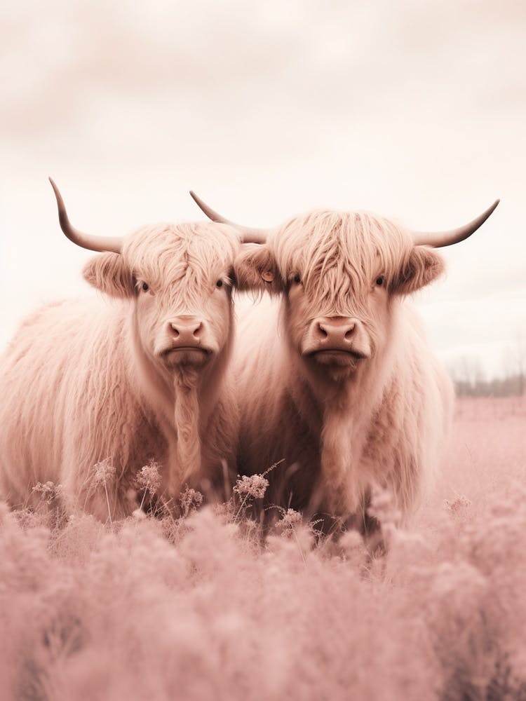 Two Highland Cows Pink Portrait 4