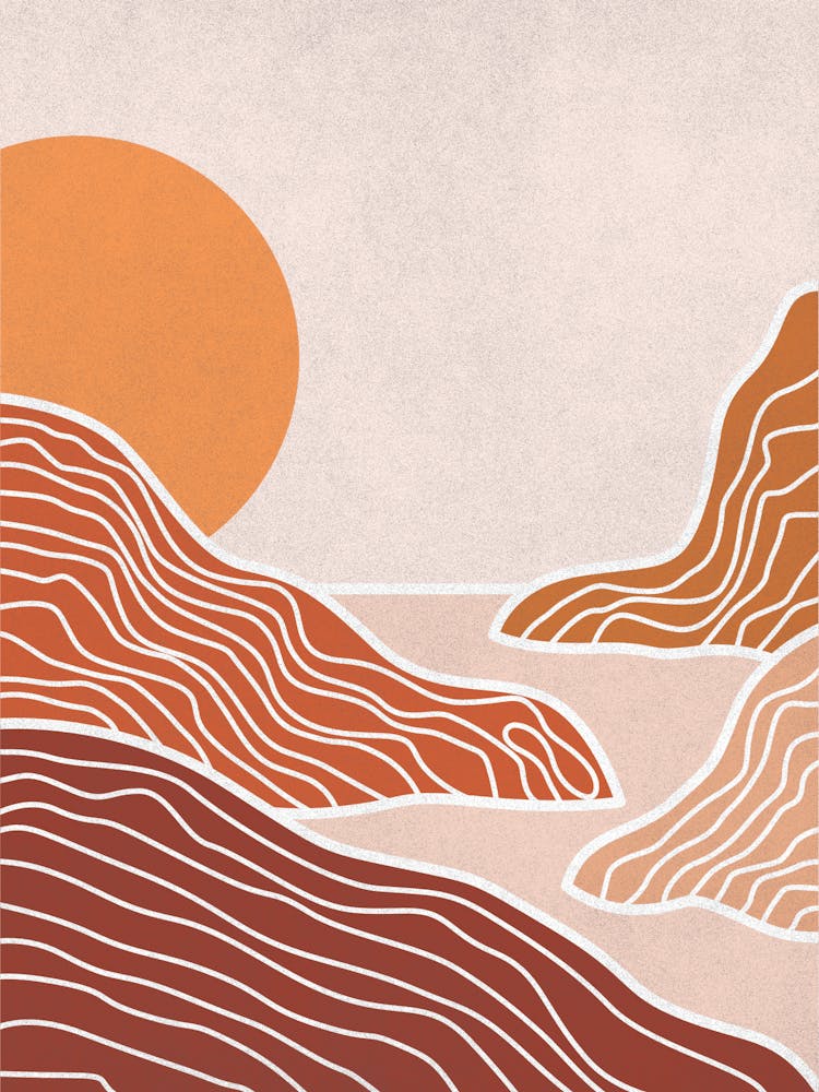 Art mural paysage bohème Mid-Century Moderne | Art mural abstrait | Coucher de soleil | Décoration de chambre d'enfant bohème | Art mural tons terre | Mid-Century