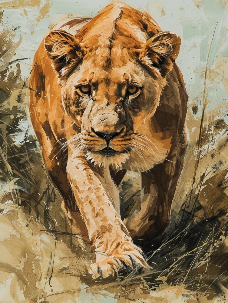 African Lion Lioness On The Prowl Acrylic Painting 3