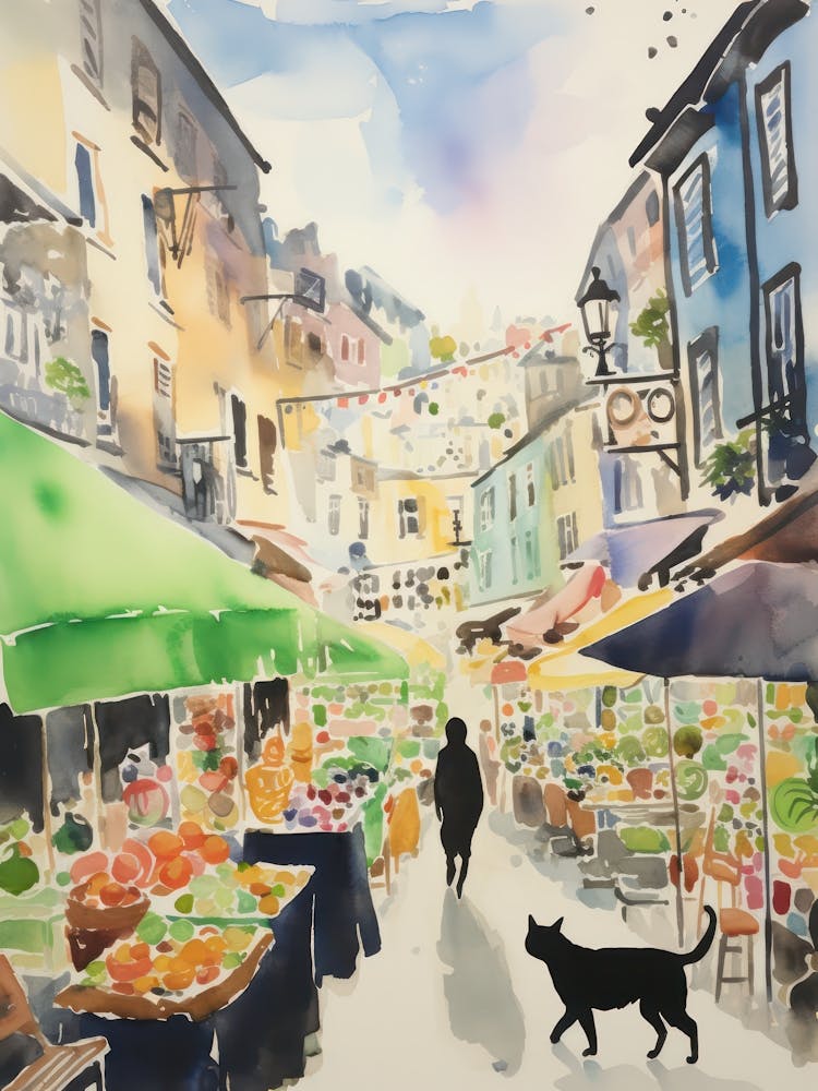 Food Market With Cats In Porto 2 Watercolour