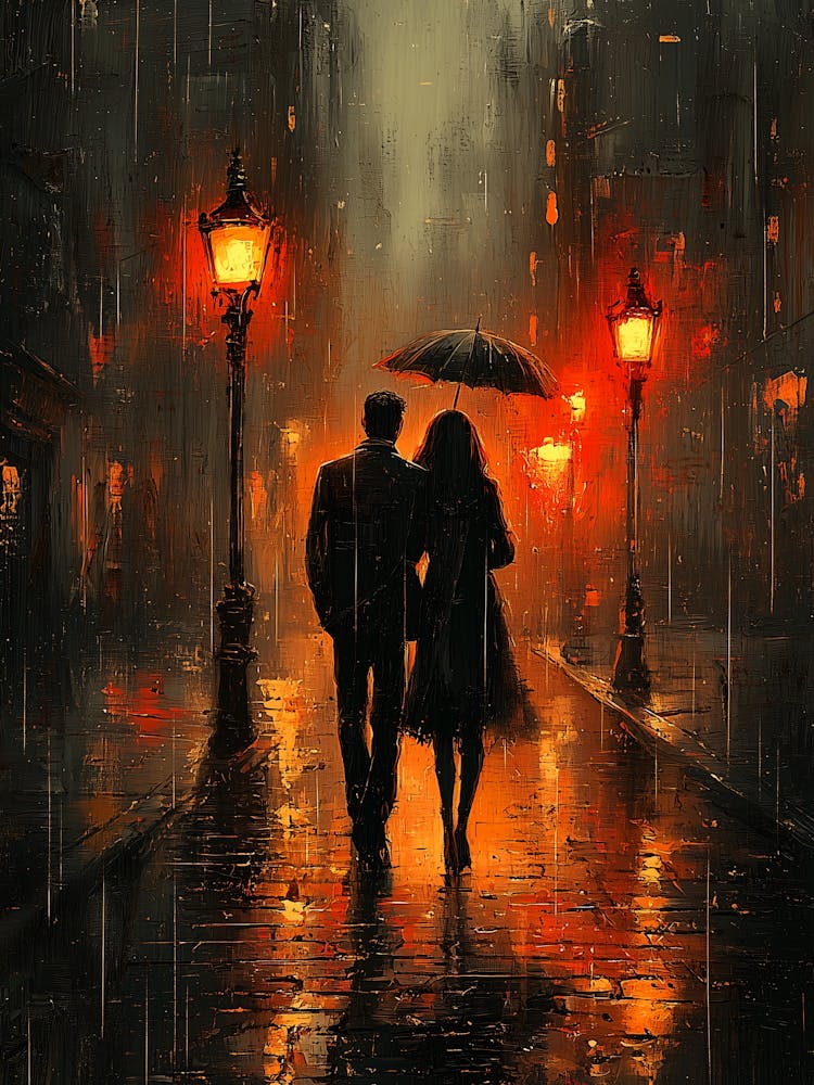 Couple Walking In The Rain, Romantic Monochrome Charcoal style 1