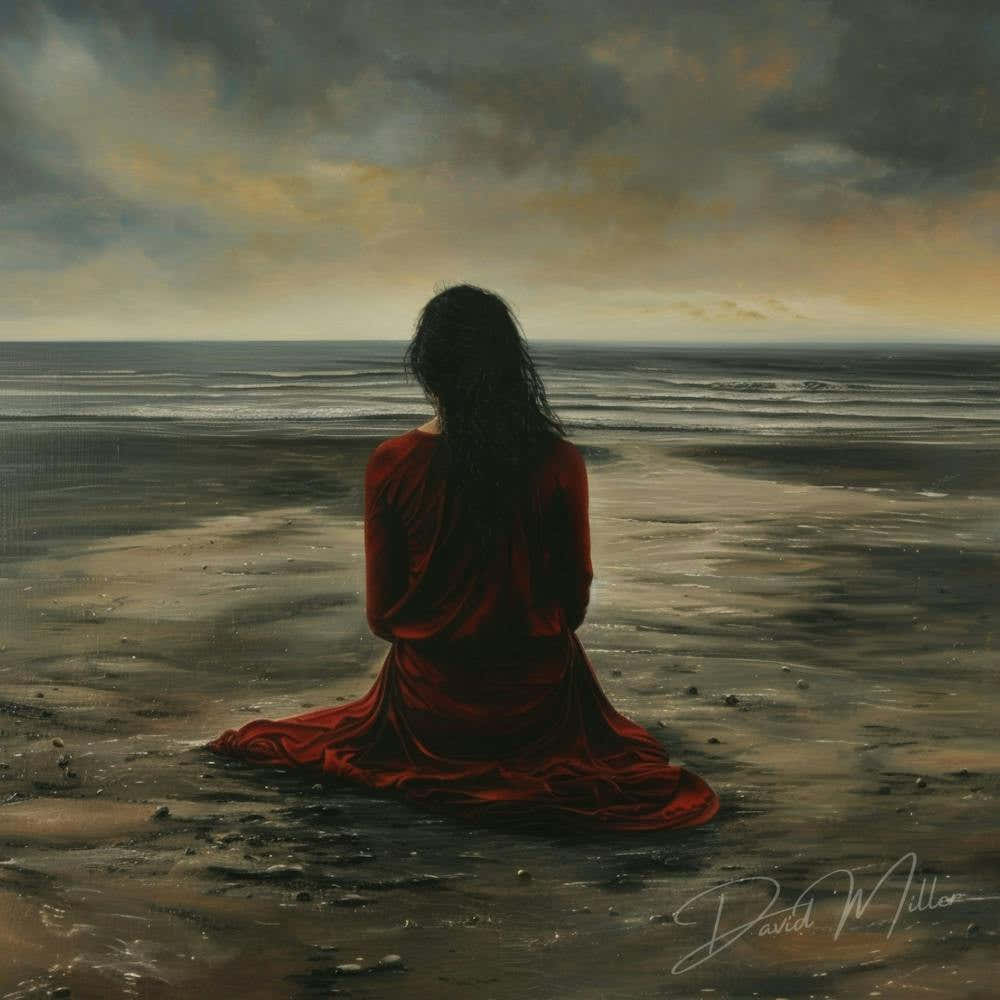 in a red dress and alone Evans Blue