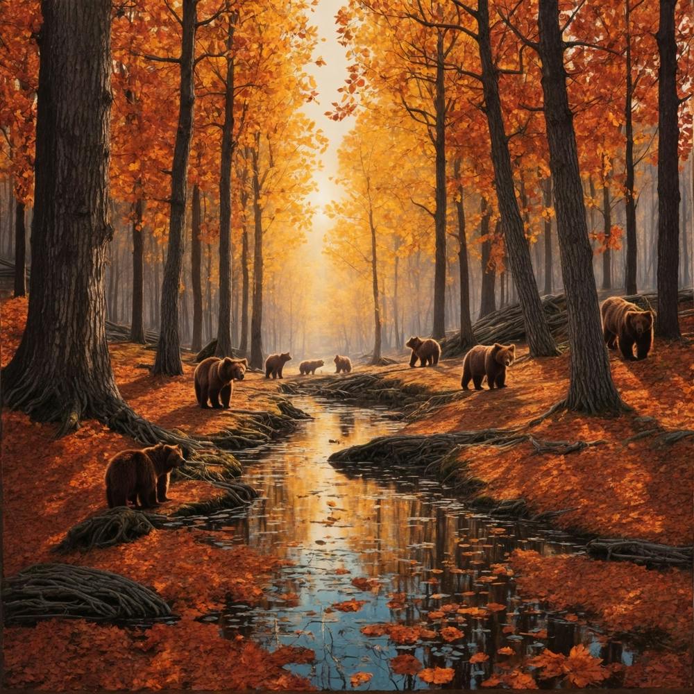 Linocut In The Center Brown Bears Autumn Old Tree Line