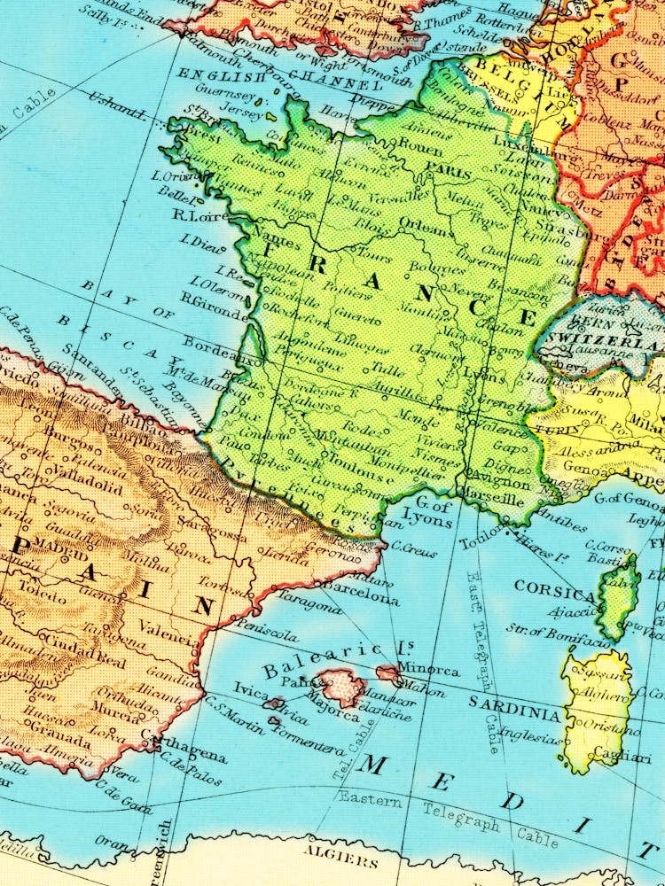 Map Of Europe, Spain, France, retro map, vintage map