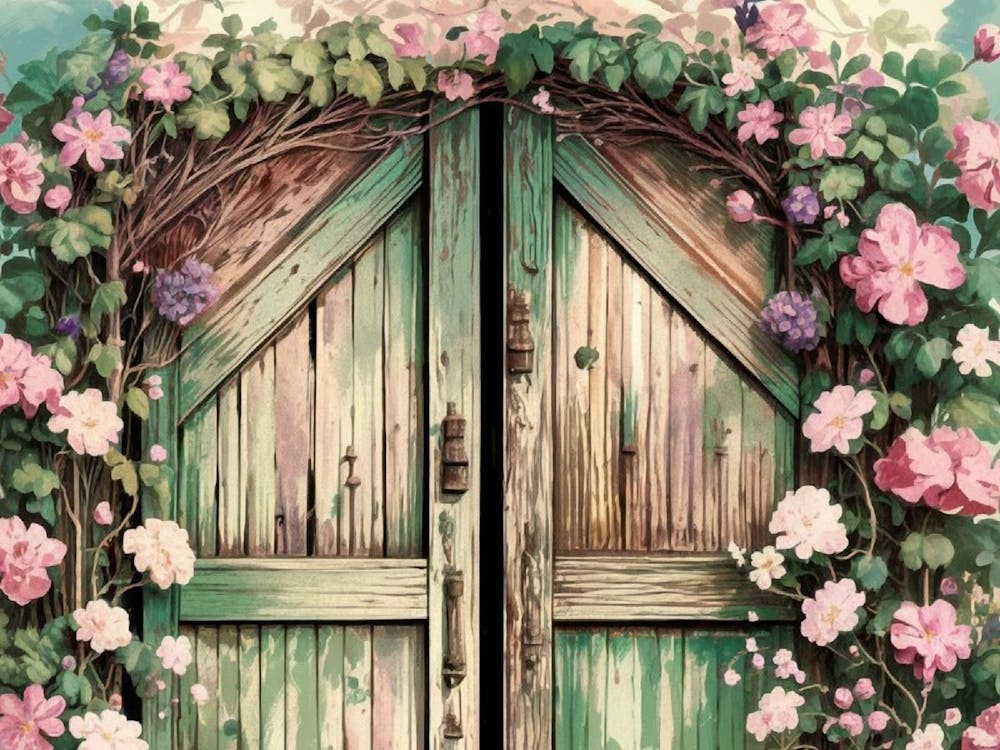 Charming Cottage Garden Gate: Weathered Green Doors & Pink Flowers