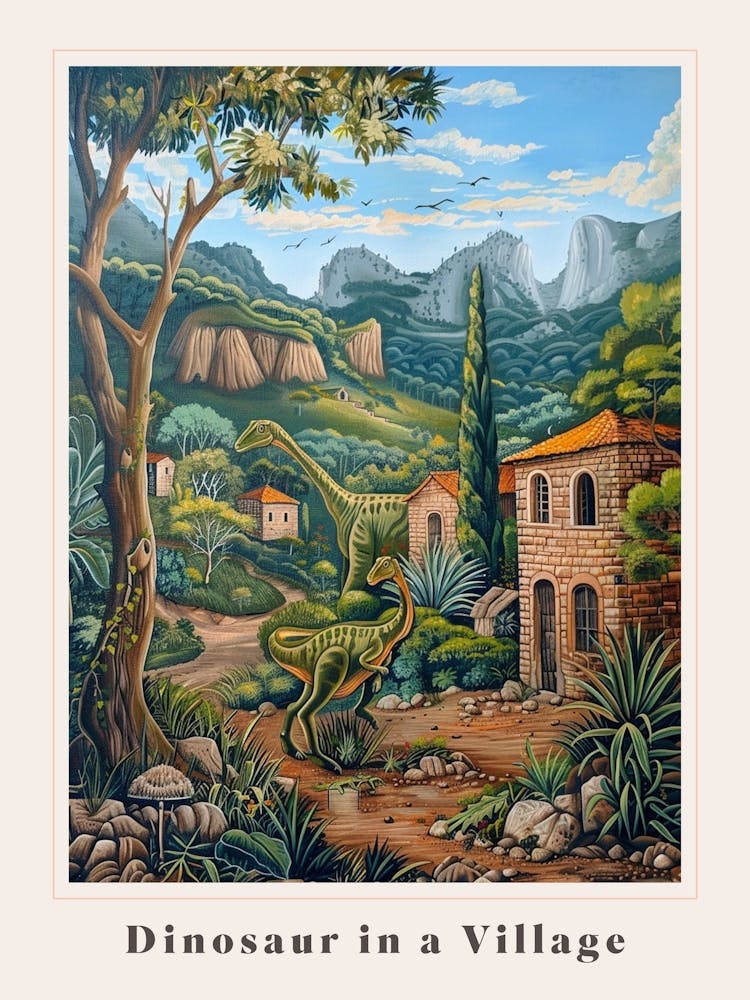 Dinosaur In An Ancient Village Painting 4 Poster