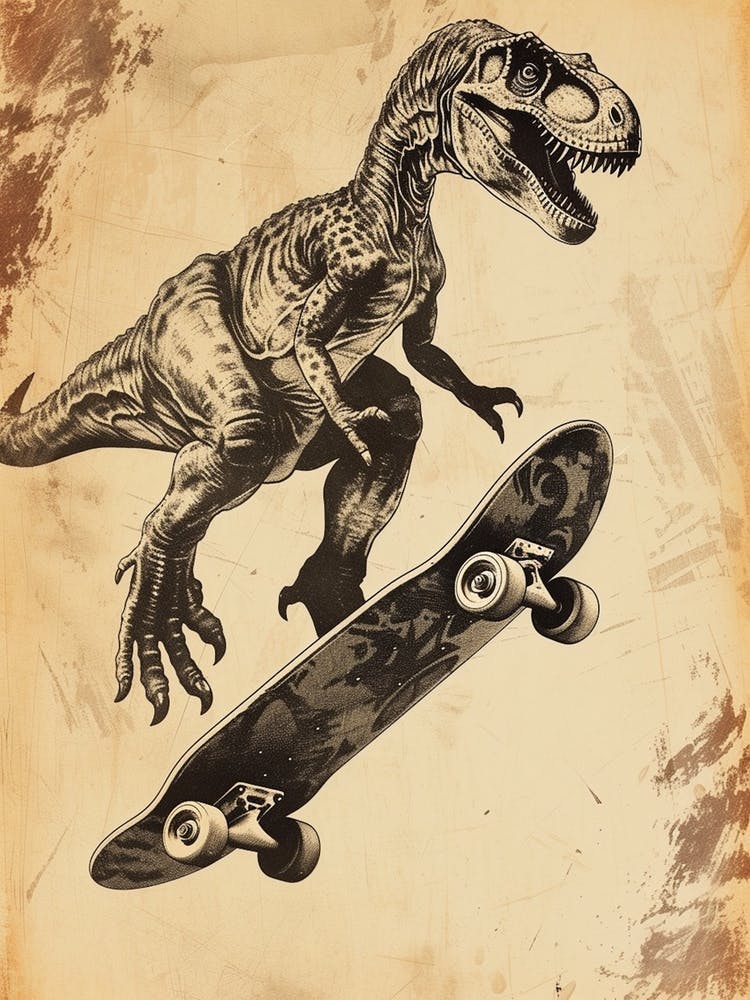Vintage Troodon Dinosaur On A Skateboard 2