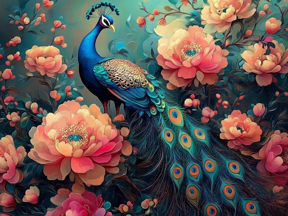 Bright Color Floral With Exotic Oriental Pattern Flowers And Peacocks 4