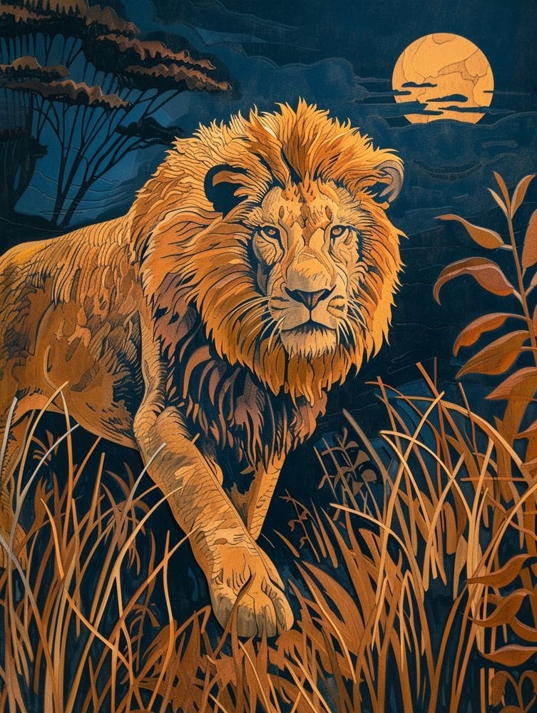 Afrikanischer Löwe Relief Illustration Nachtjagd 1