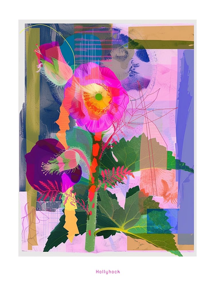 Hollyhock 2 Neon Flower Collage Poster