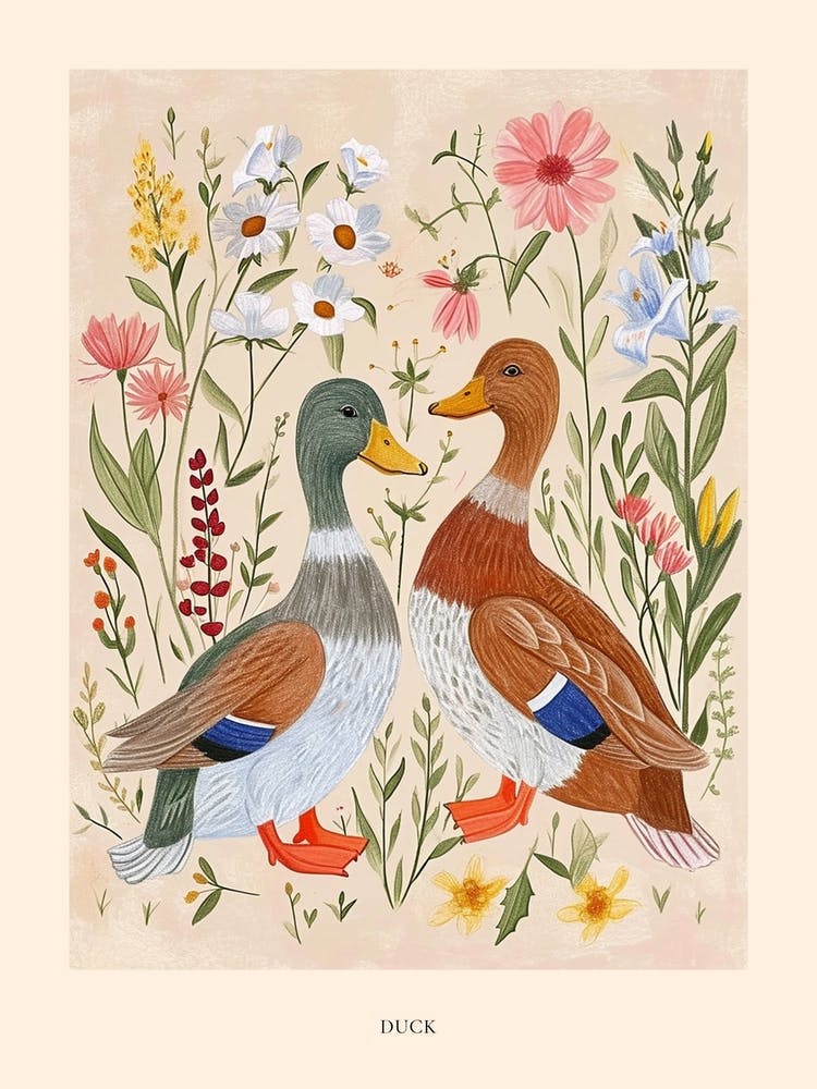 Folksy Floral Animal Drawing Duck 2 Poster