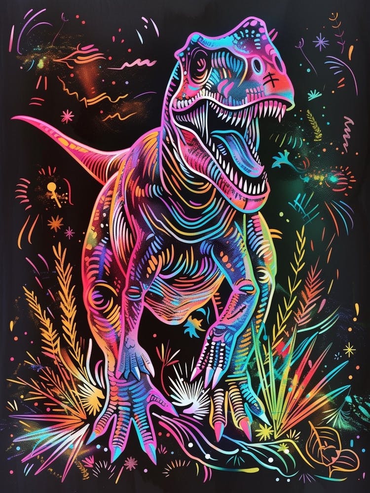 Neon Black & Rainbow T Rex Line Drawing 2
