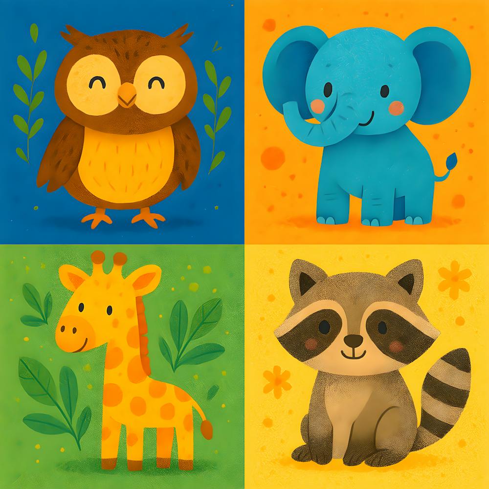 Colorful Animal Nursery Prints – Owl, Elephant, Giraffe & Raccoon – Vibrant Kids Room Decor, Playful Woodland Safari Art, Baby Shower Gift
