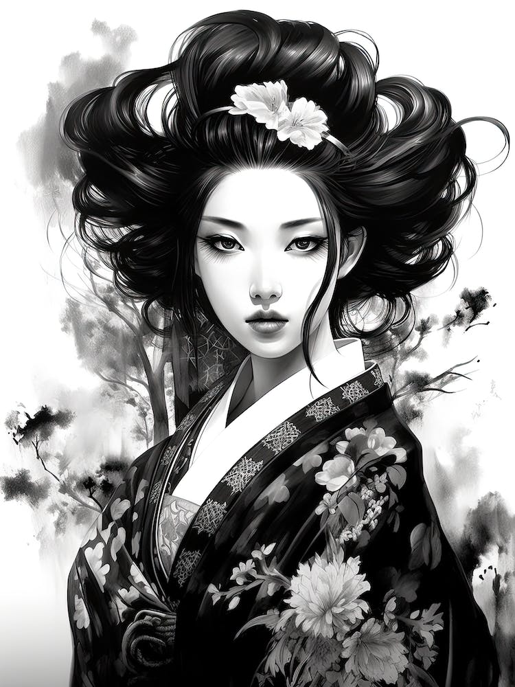Geisha Black And White Anime Style  3